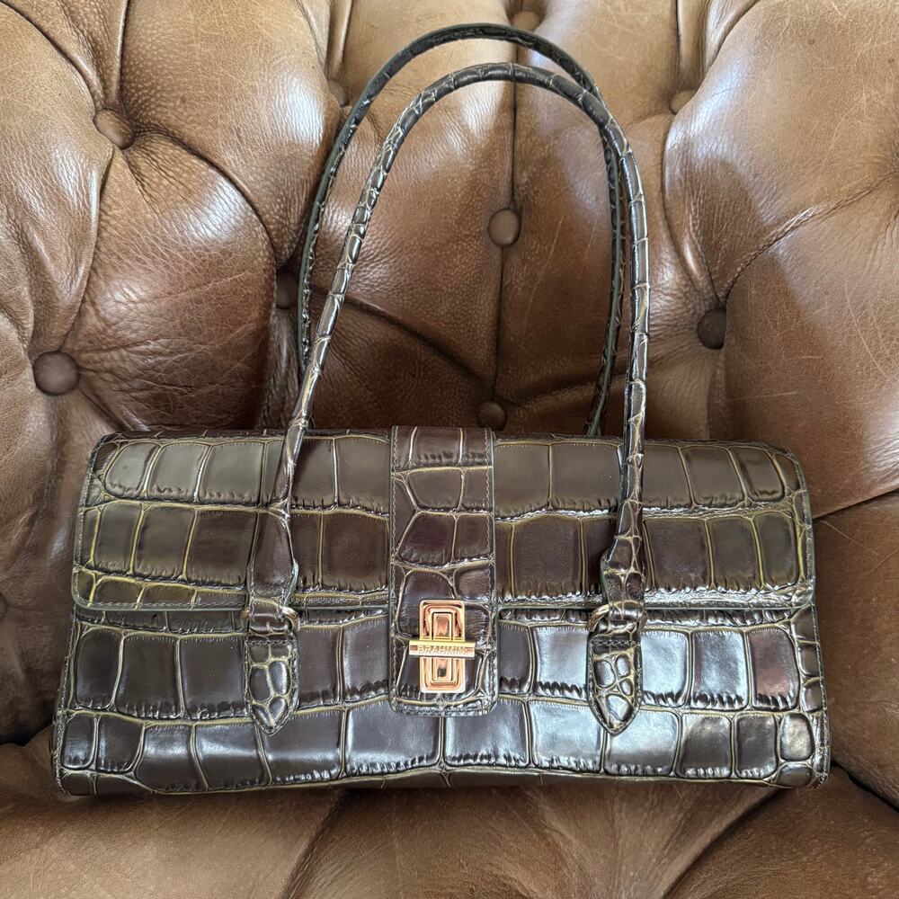 Brahmin Dayan Satchel Matcha Green Baize Croc Embossed Leather